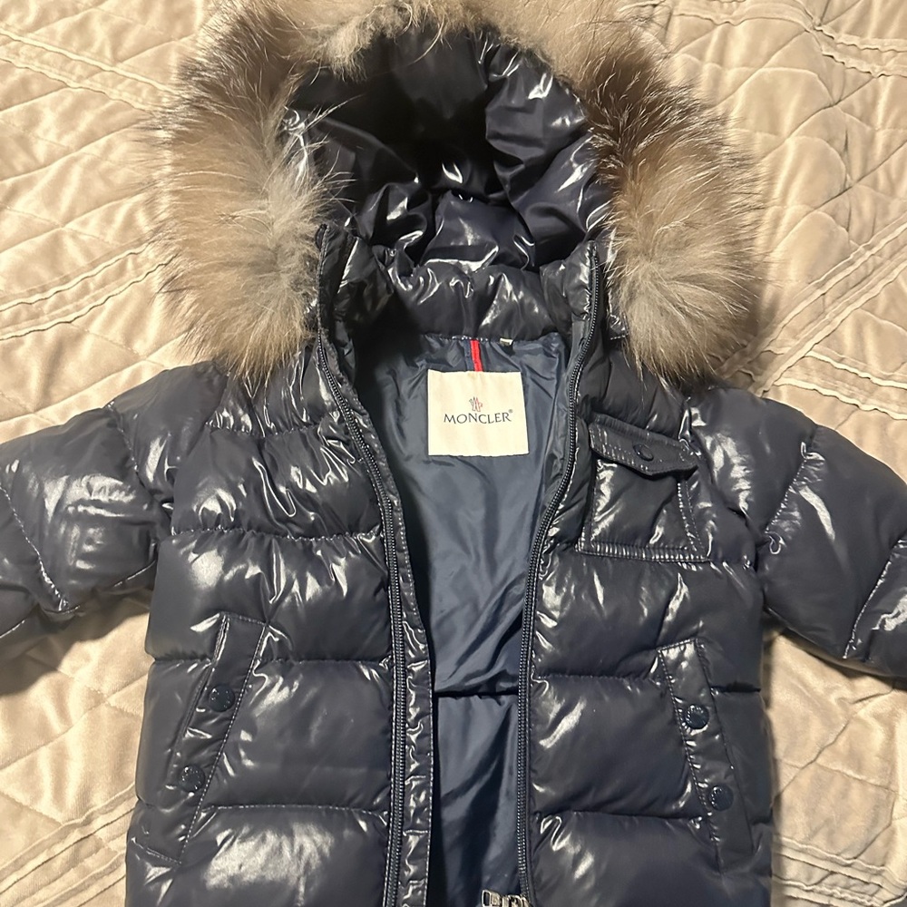 Moncler Glossy Navy Jacket with Fur Trim